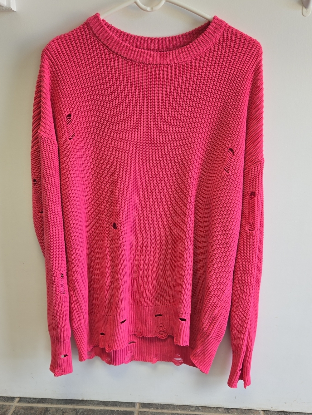 Hot Pink Distressed Crewneck Sweater